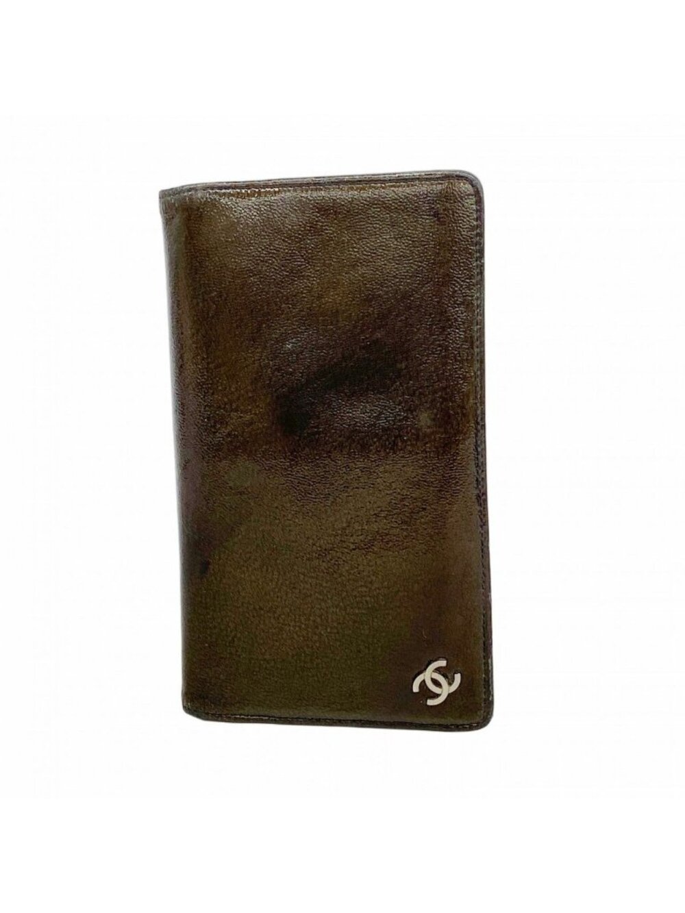 Chanel Wallet Patent Leather Brown Black Silver
